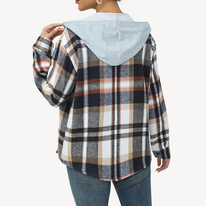 Women's Plaid Button Down Shaket with Hoodie