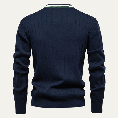 Men’s V Neck Rib Knit Cardigan with Striped Trim