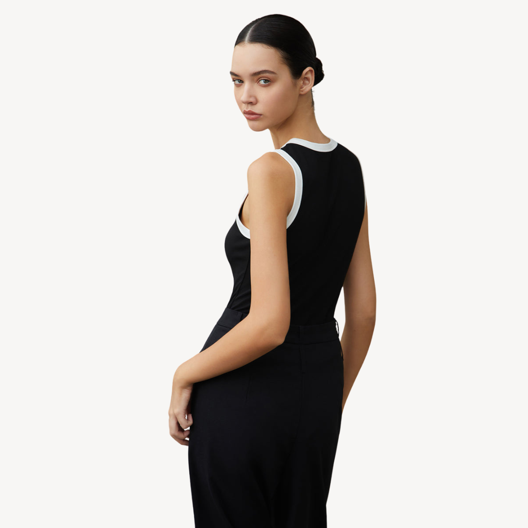 Black Sleeveless Tank Top with White Trim for Women