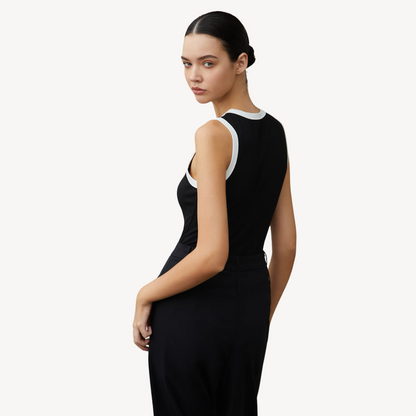 Black Sleeveless Tank Top with White Trim for Women