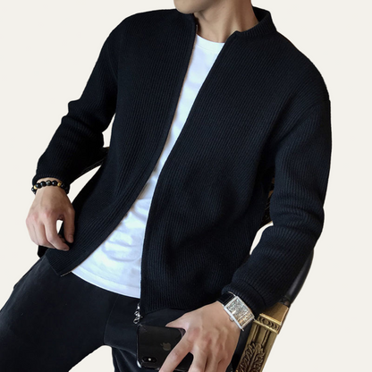 Men’s Full Zip Knit Cardigan with Short Stand Collar