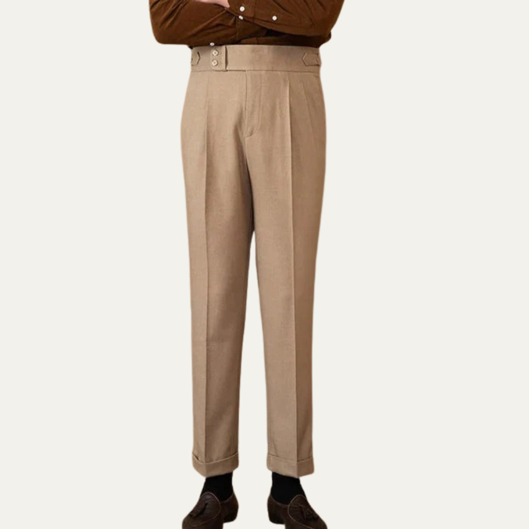 Men’s High-Waisted Trousers with Pleats and Cuffed Hem