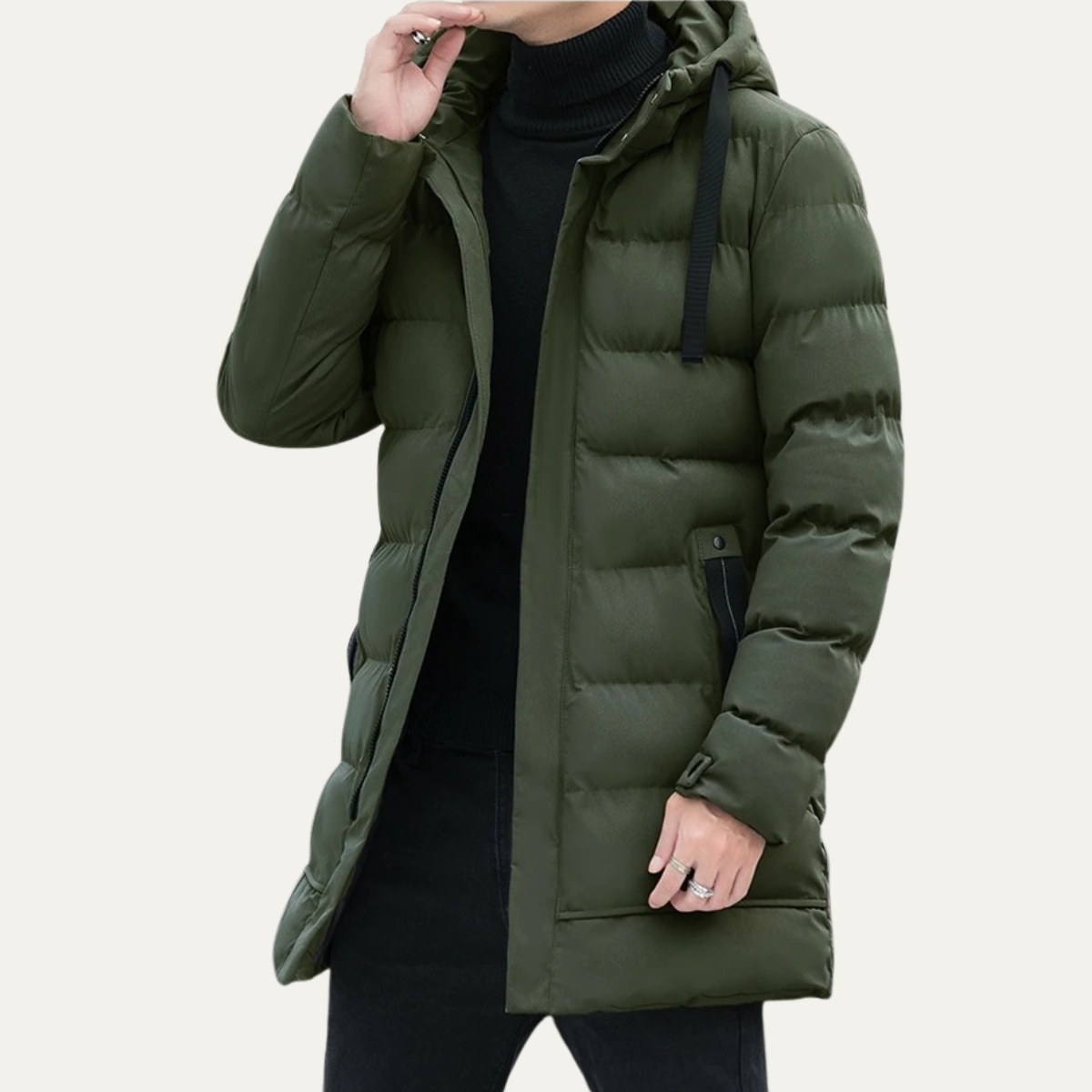 Men’s Long Line Hooded Puffer Coat with Full Zip Closure