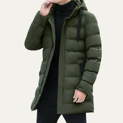 Men’s Long Line Hooded Puffer Coat with Full Zip Closure