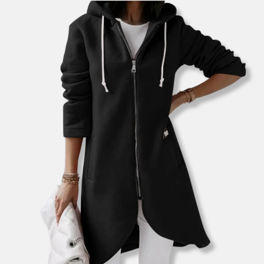 Women’s Long Hooded Sweater – Relaxed Fit – Fleece Feel – Asymmetrical Hem – Zip Front