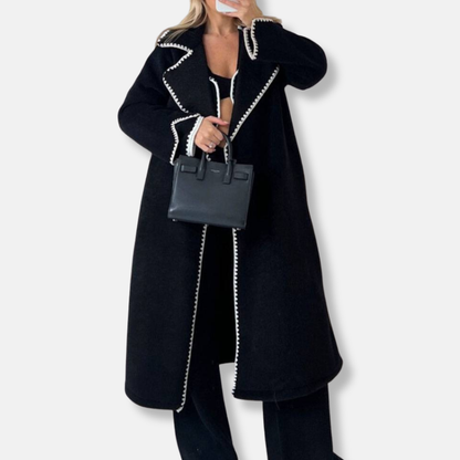 Women’s Long Coat – Oversized Fit – Wool Blend – Notched Lapels – Scalloped Trim