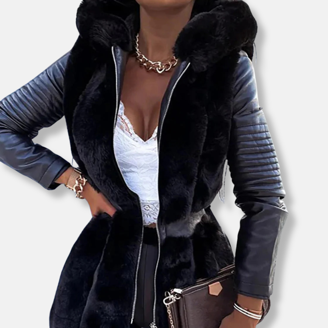 Women’s Mid-Length Coat – Tailored Fit – Imitation Fur Front – Belted Waist – Long Sleeve