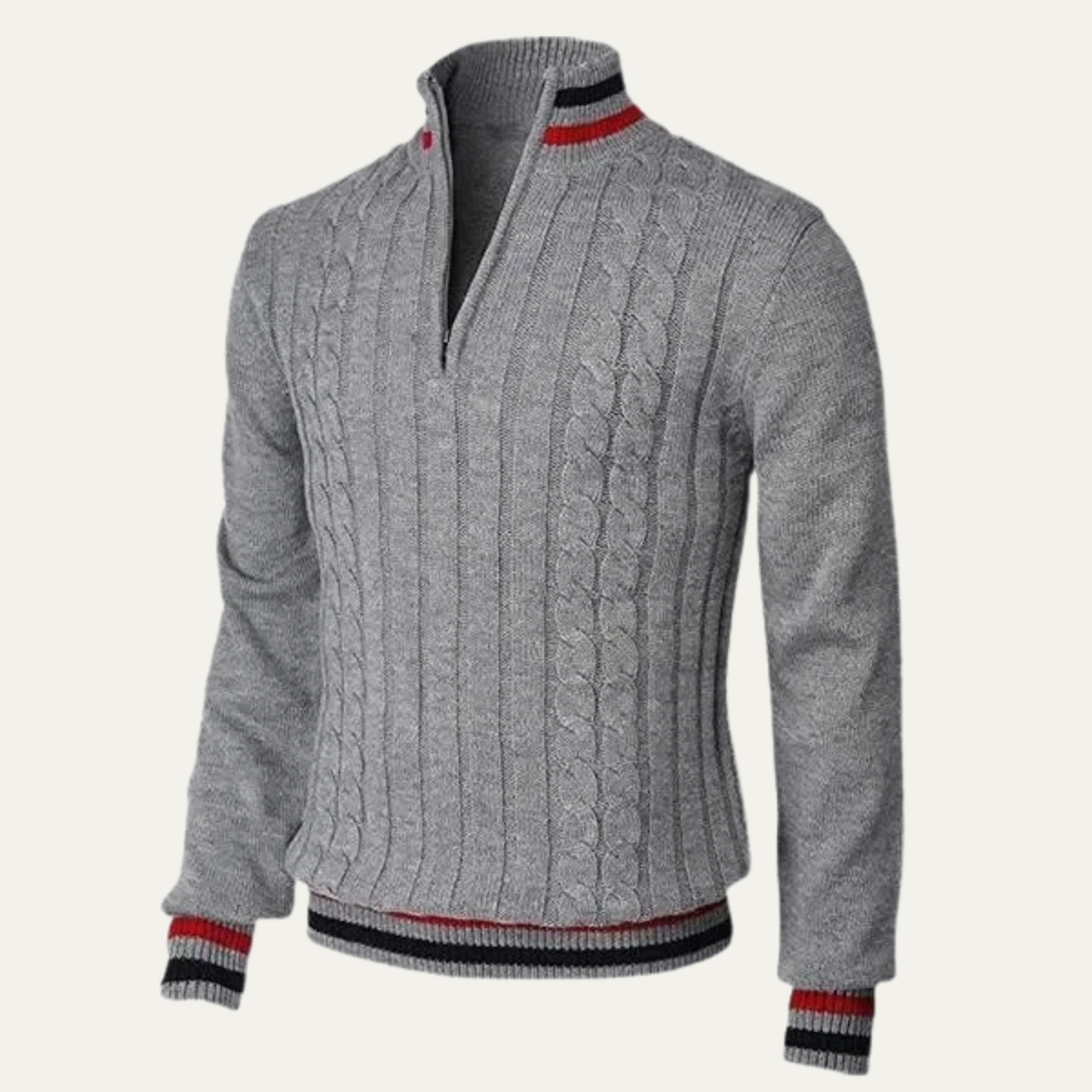 Men’s Cable Knit Quarter Zip Sweater with Contrast Tipping