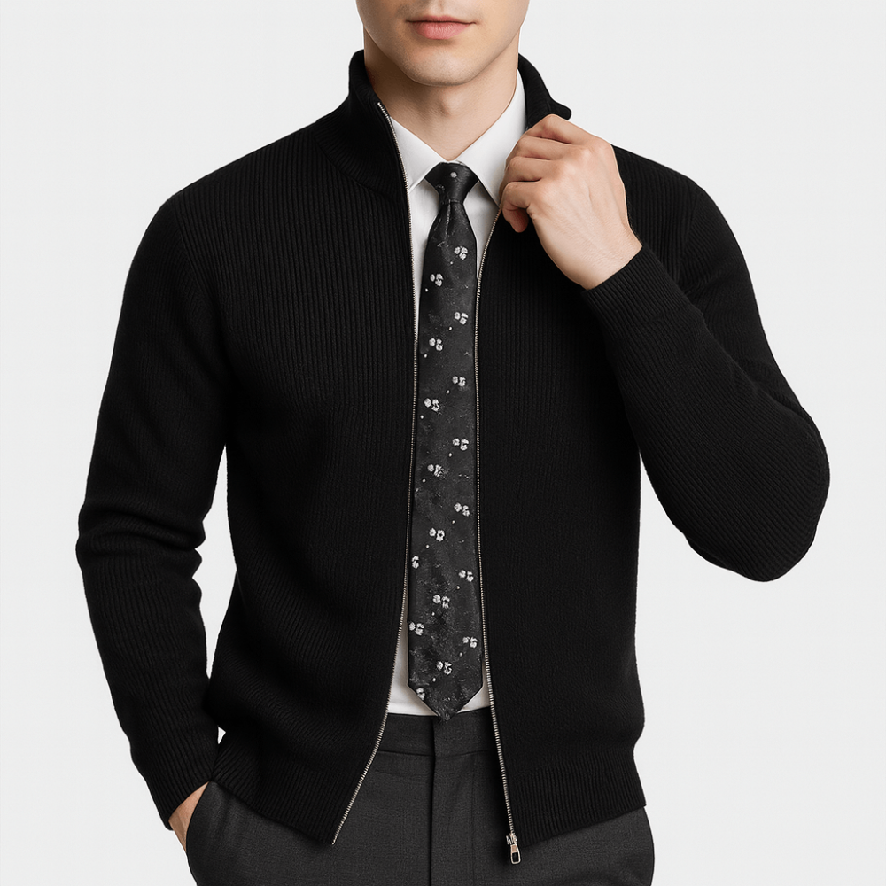 Men’s Full Zip Knit Cardigan with Contrast Collar Lining