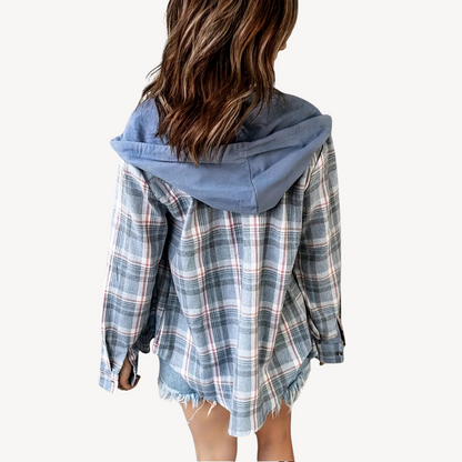 Women's Plaid Button-Down Shirt Jacket with Hood
