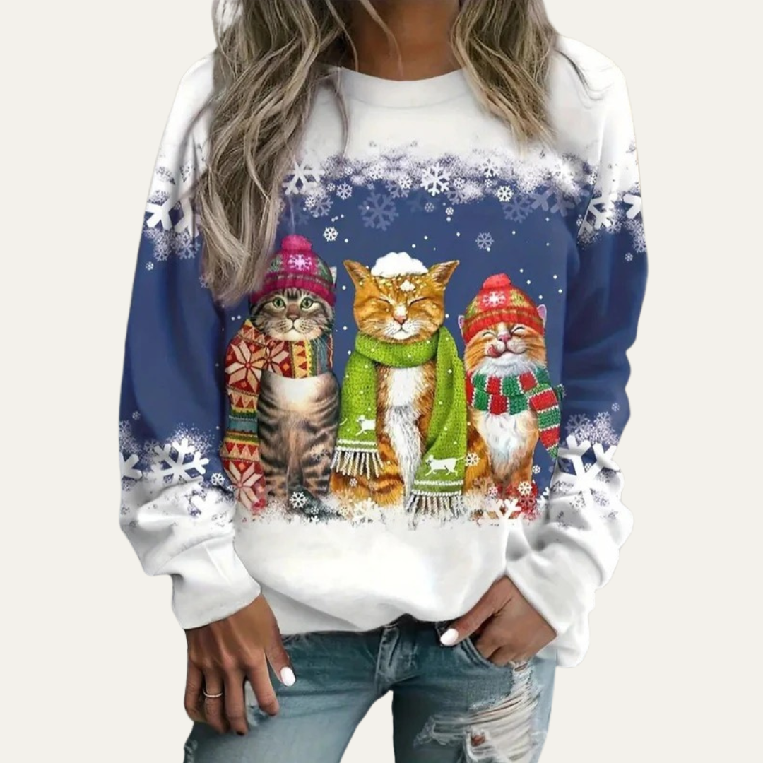 Women’s Winter Cats Printed Crewneck Sweater
