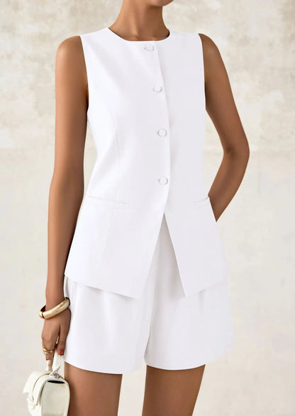 Casual Trendy Button Down Vest Tops High Waisted Shorts Business Two Piece Sets