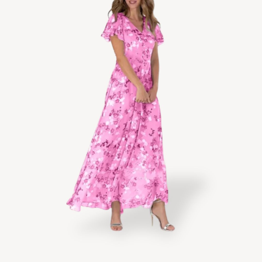 V-Neck Floral Maxi Dress Polyester Women