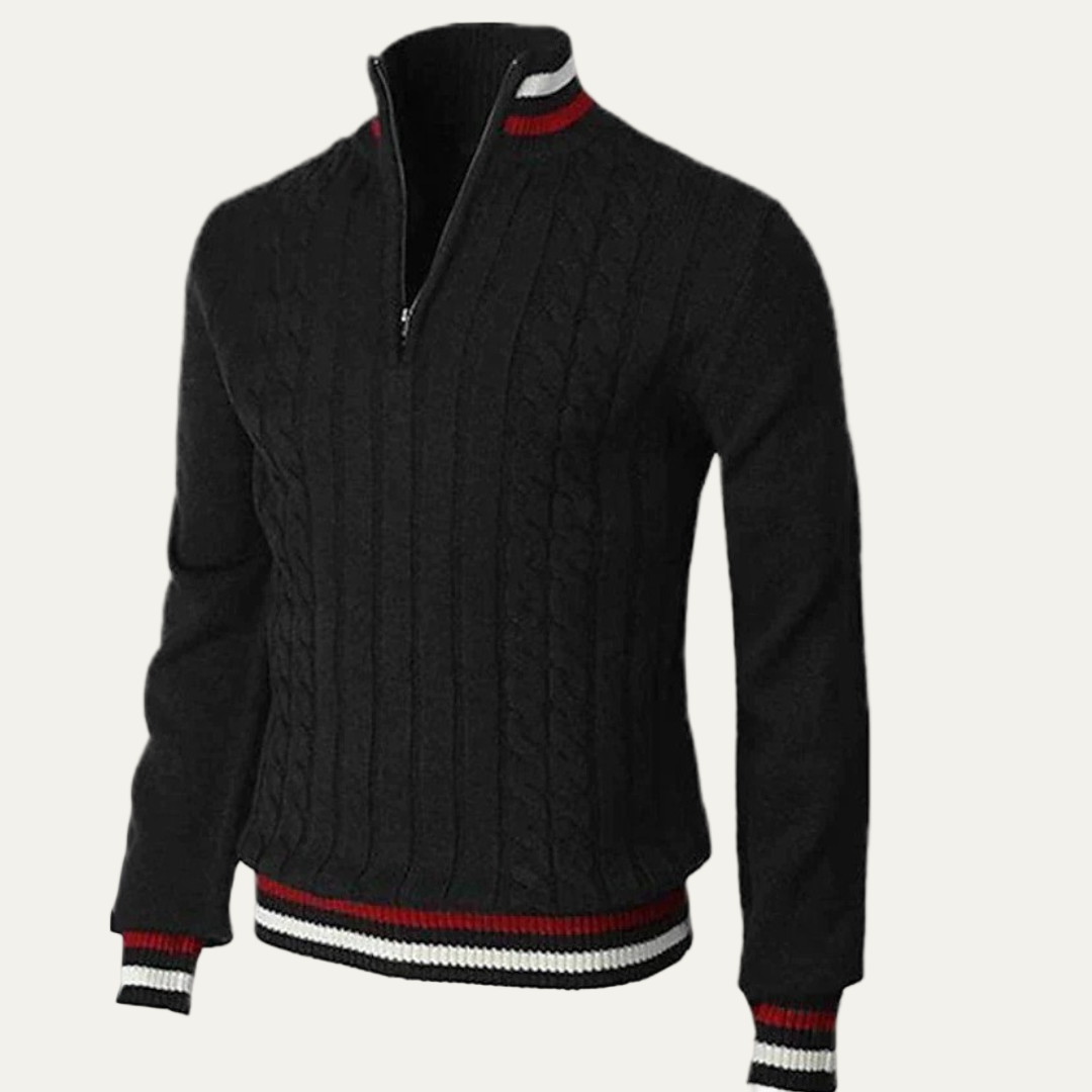 Men’s Striped Mock Neck Cable Zip Sweater