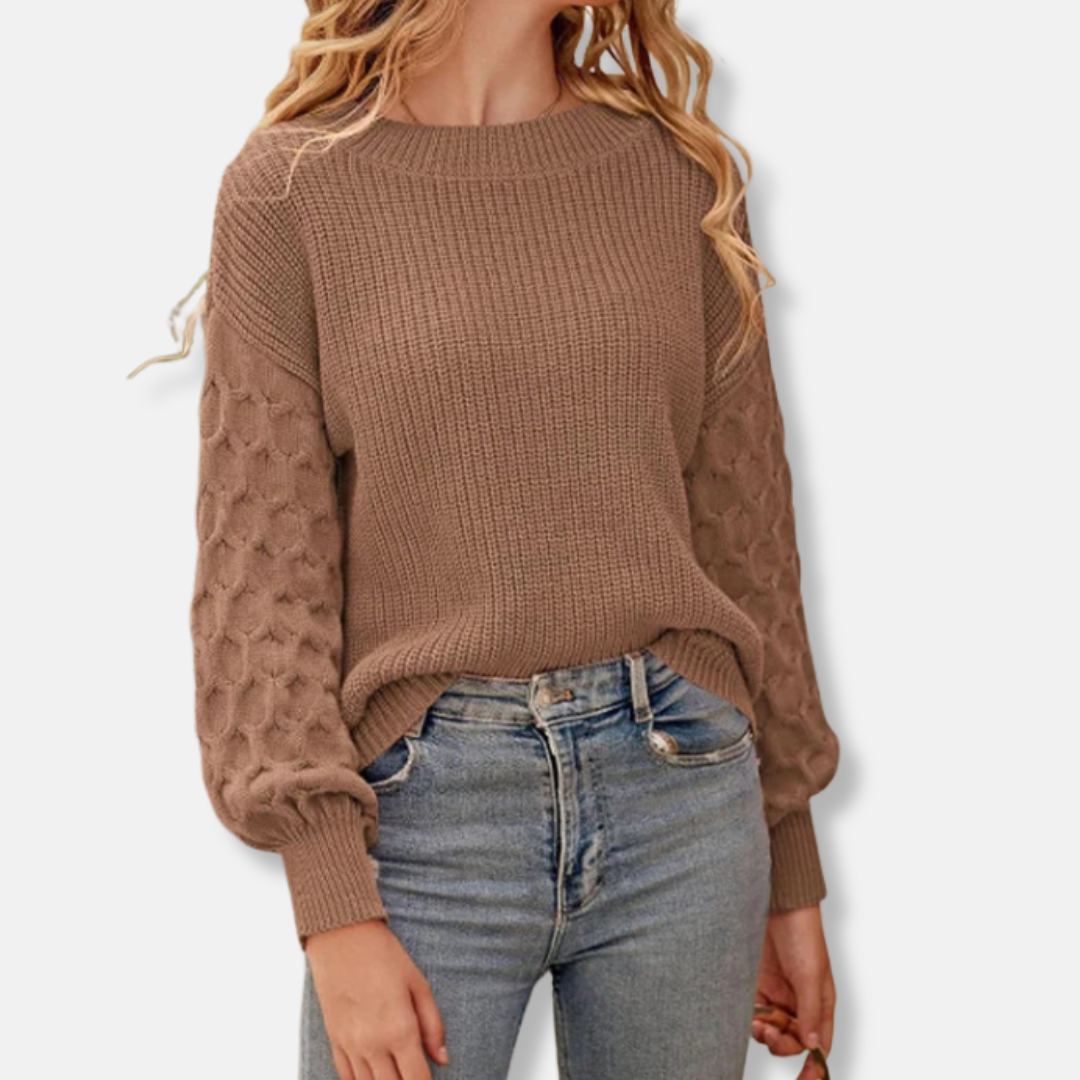 Women’s Pullover Sweatshirt – Relaxed Fit – Textured Knit – Balloon Sleeves – Ribbed Trim