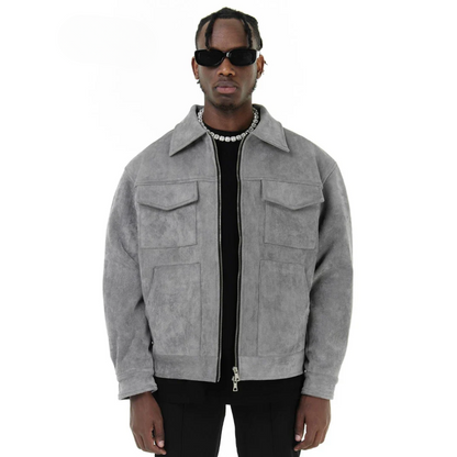 Luxury Suede Cargo Coat - Grey Urban Fashion - BritishElegance