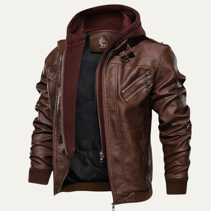 Men’s Faux Leather Moto Jacket with Layered Hood