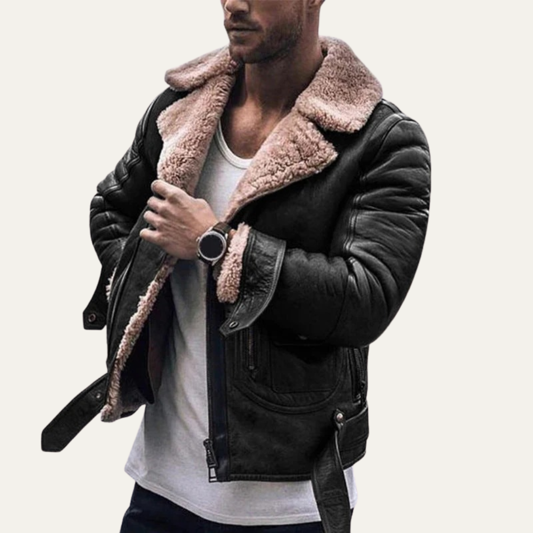 Men’s Rugged Shearling Flight Jacket with Belted Hem