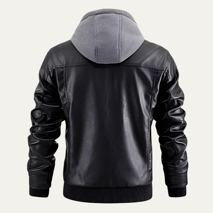 Men’s Layered Faux Leather Moto Jacket with Hood