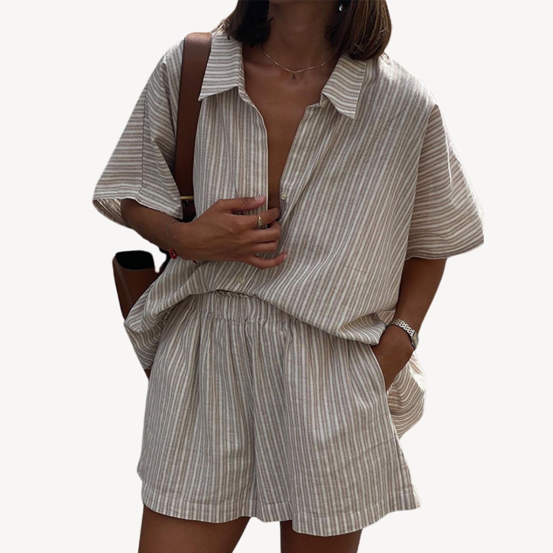Textured Striped Linen Blend Short Set Women