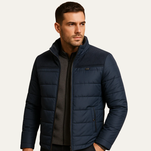Men’s Quilted Zip Front Puffer Jacket with Textured Shoulder Panels