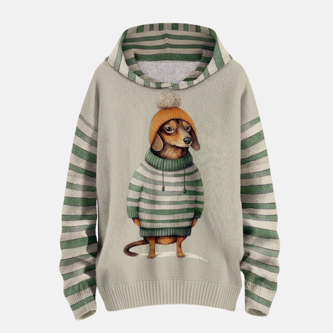 Women’s Hoodie – Relaxed Fit – Cartoon Dog Print – Striped Detail