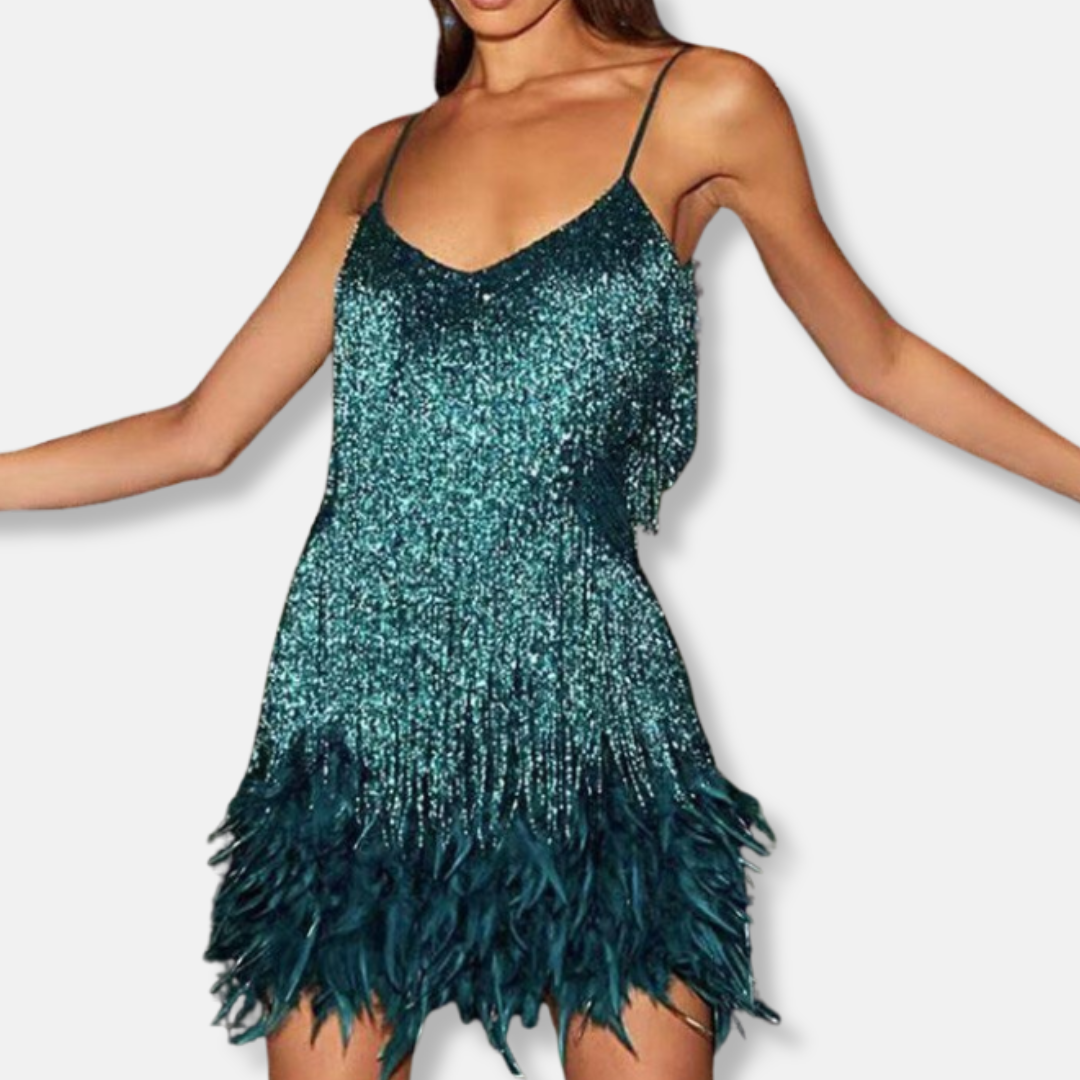 Francesca Sequin Embellished Cocktail Dress | Feather Trim Mini Dress
