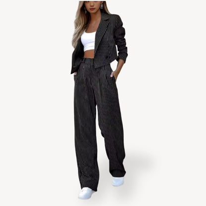 Textured Striped Cropped Blazer Pants Suit Women