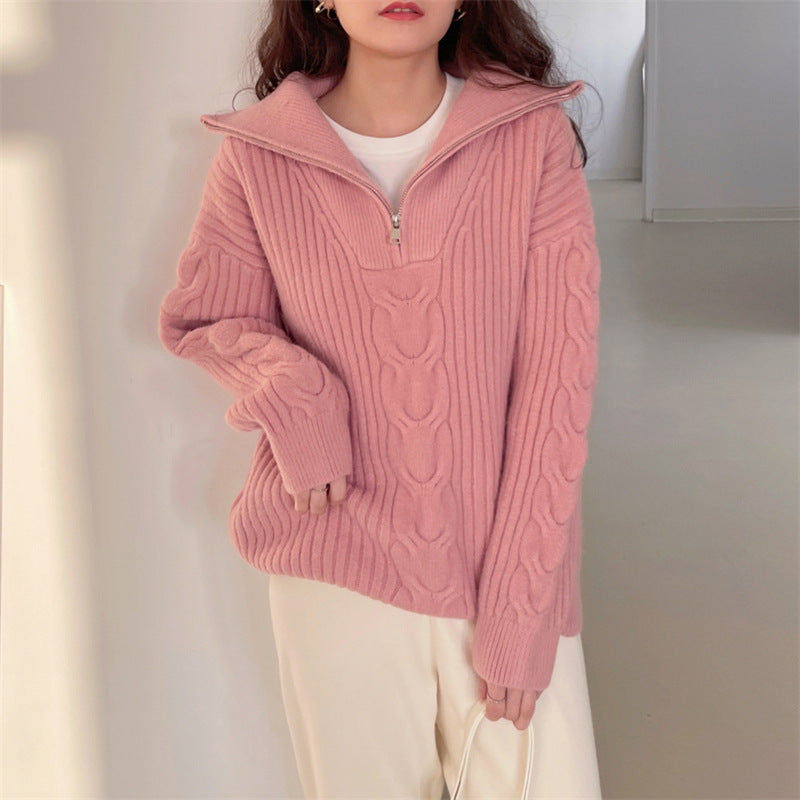 Women's Classic Cream Sweater with Zip