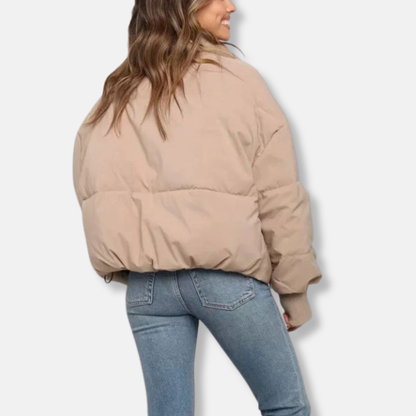 Women’s Puffer Jacket – Oversized Fit – Cropped Length – Stand Collar – Ribbed Cuffs