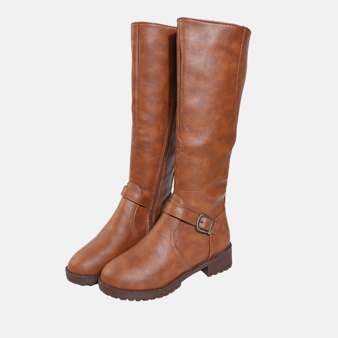 Sienna  Knee High Boots | Buckle Strap Low Block Heel Boots