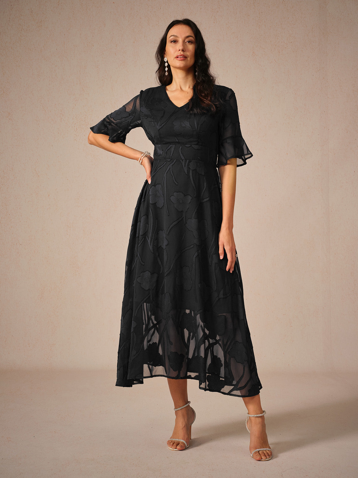 Chic Midi Dress with Ruffle Sleeves and Delicate Lace - BritishElegance