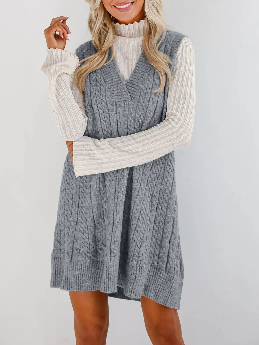 Comfy Cable Knit V-Neck Sweater Dress - BritishElegance