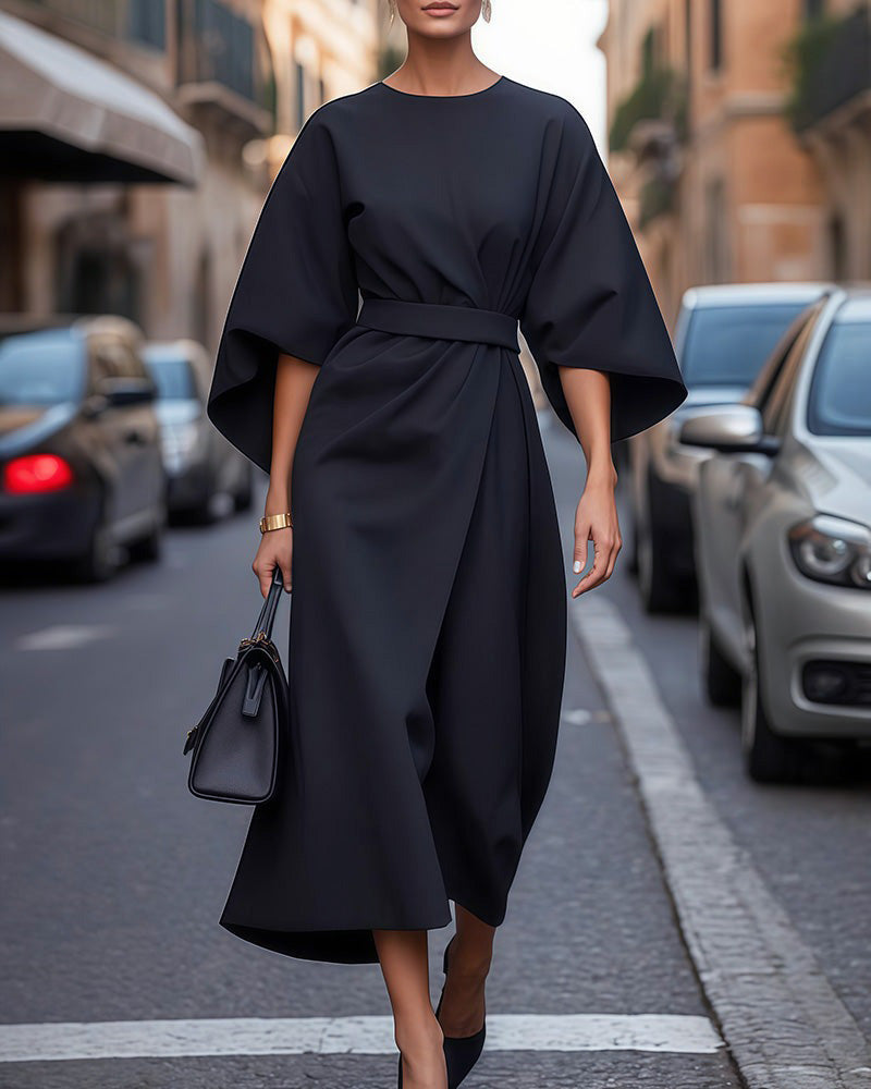 Beautiful Dress with Bell Sleeves and Waist Belt - BritishElegance