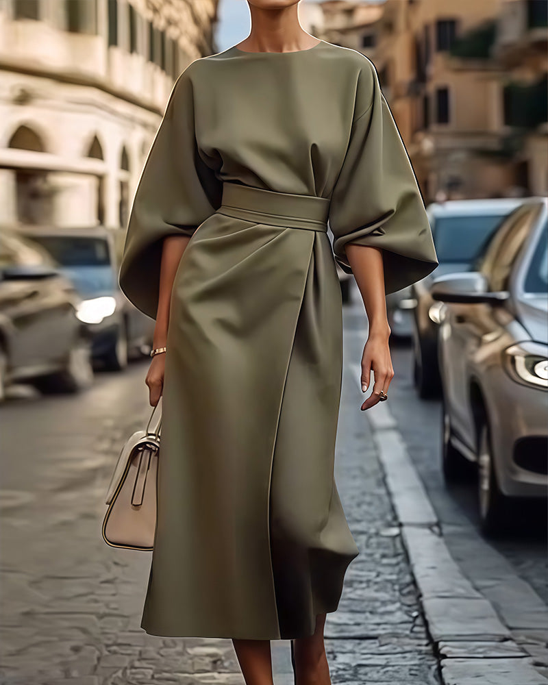 Beautiful Dress with Bell Sleeves and Waist Belt