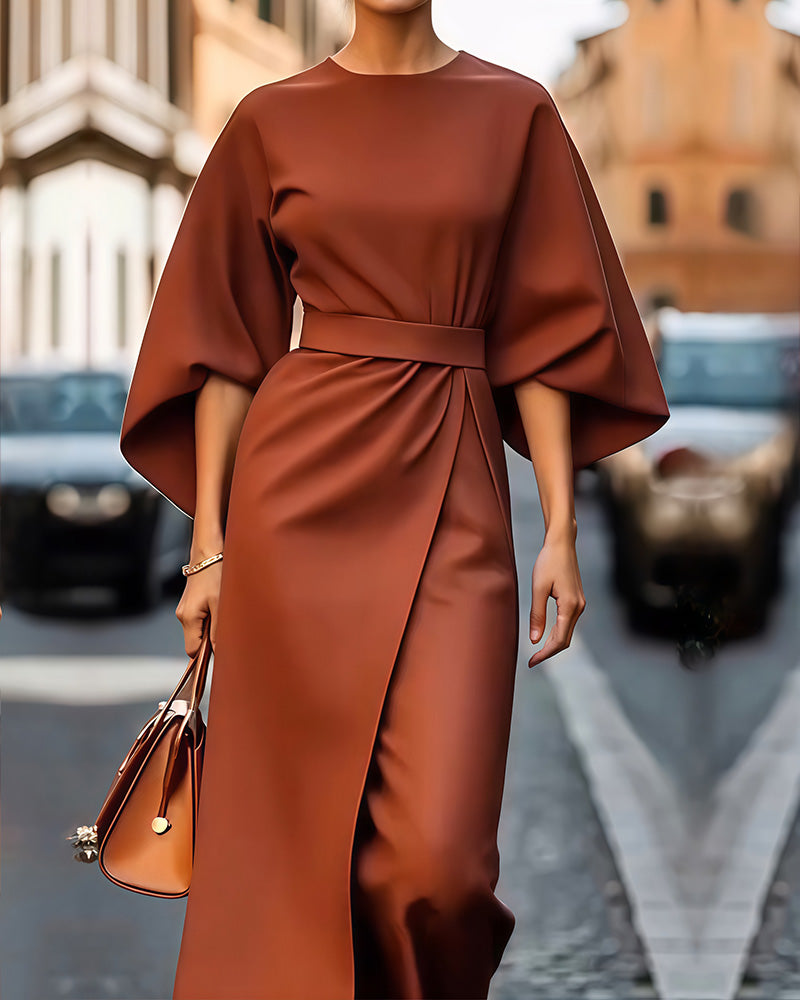 Beautiful Dress with Bell Sleeves and Waist Belt