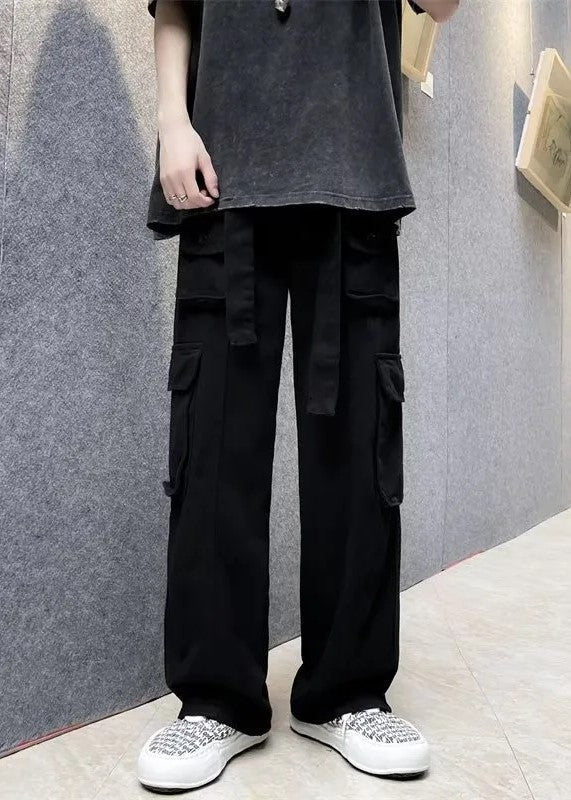 Relaxed Fit Black Straight Leg Cargo Pants for Men