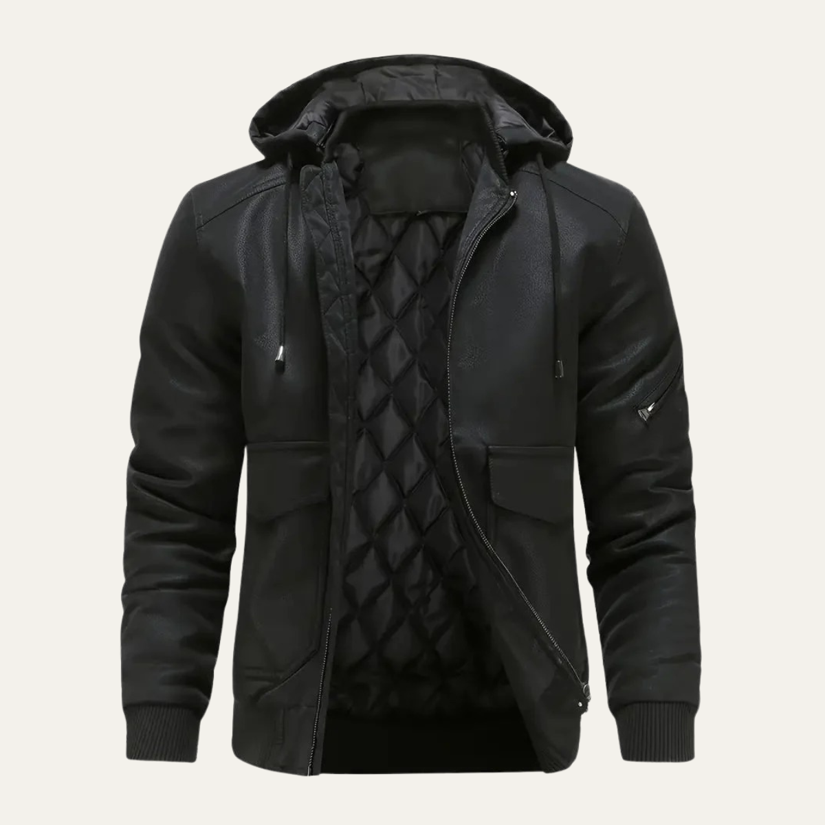 Men’s Hooded Faux Leather Bomber Jacket