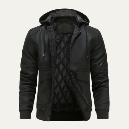 Men’s Hooded Faux Leather Bomber Jacket