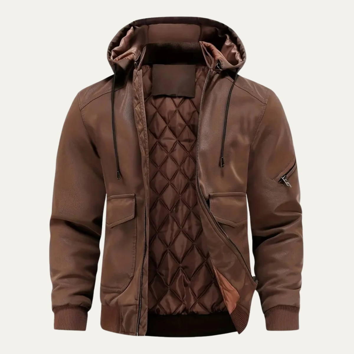 Men’s Hooded Faux Leather Bomber Jacket