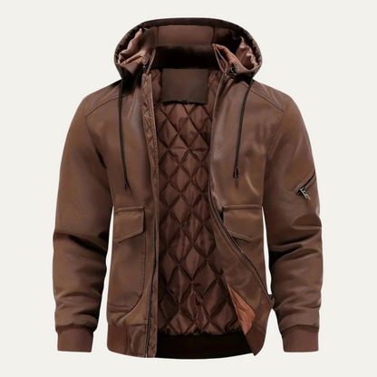 Men’s Hooded Faux Leather Bomber Jacket