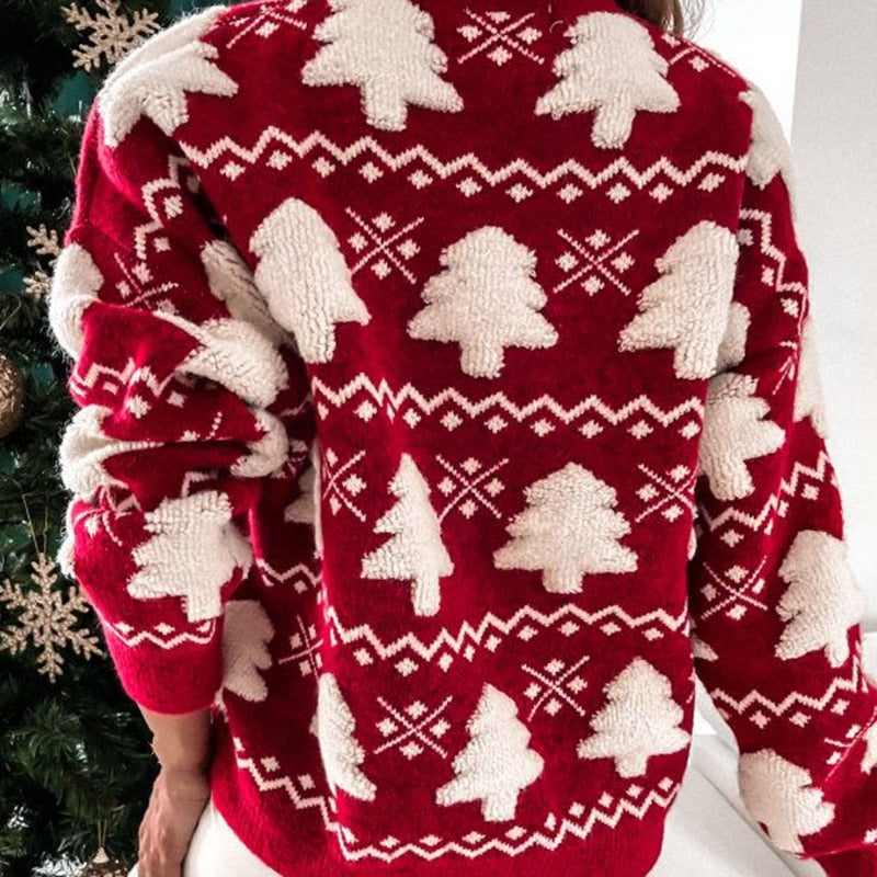 Knitted Christmas Sweater With White Christmas Tree Pattern