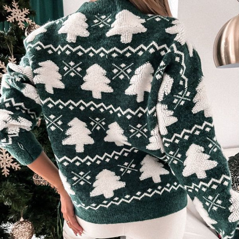Knitted Christmas Sweater With White Christmas Tree Pattern