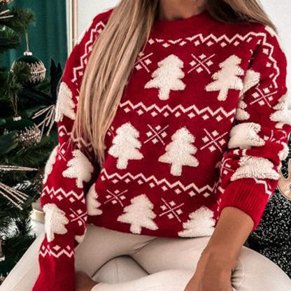 Knitted Christmas Sweater With White Christmas Tree Pattern