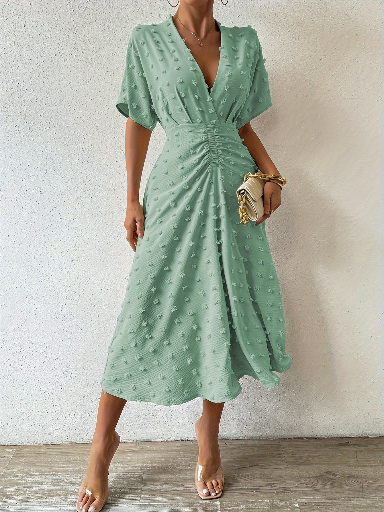 Elegant V Neck Short Sleeve Midi Evening Dress for Women - BritishElegance
