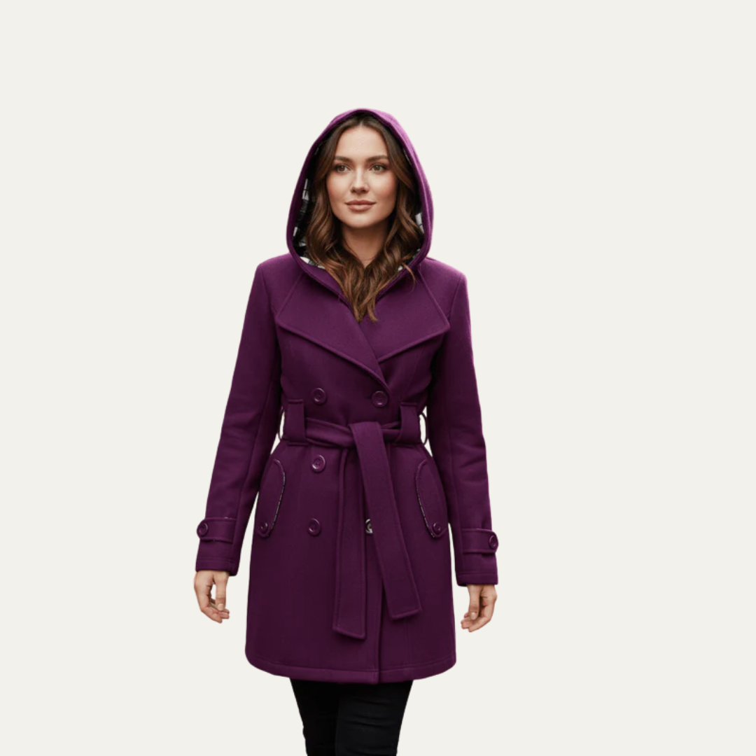 Women’s Belted Double-Breasted Wool Coat with Hood