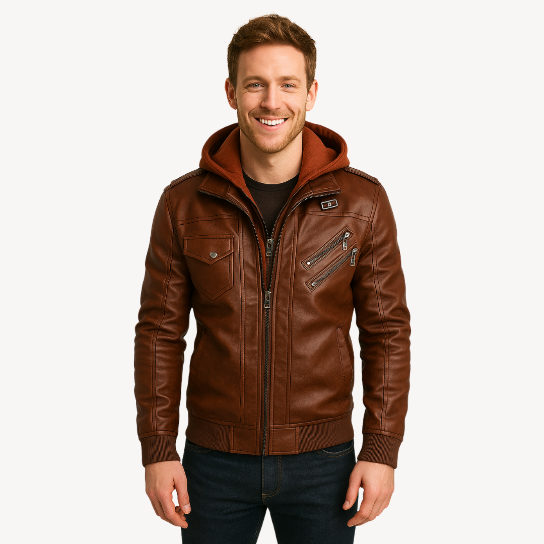 Men’s Leather Jacket with Hoodie