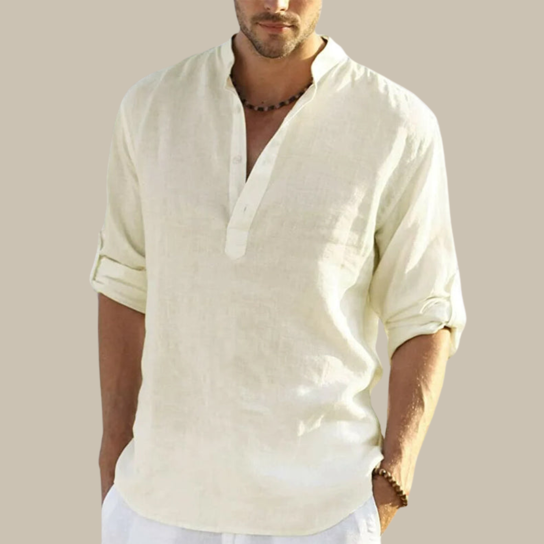 Men's Classic V-Neck Shirt with Stylish Mandarin Collar for Summer Wear