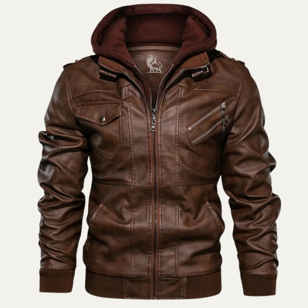 Men’s Faux Leather Moto Jacket with Layered Hood