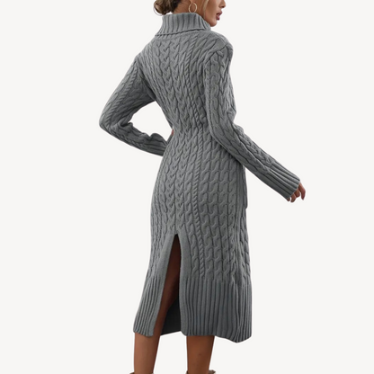 Grey Cable Knit Turtleneck Dress